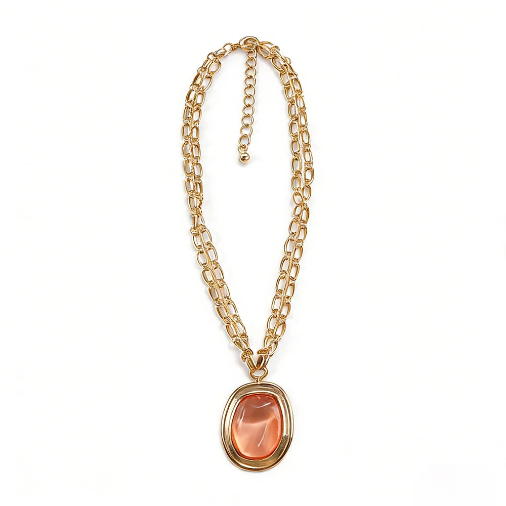 Peach Stone Layered Gold Chain Necklace (Modern Minimalist) Statement Jewelry Perfect For Brunch Date Stylish Outfits That Blend