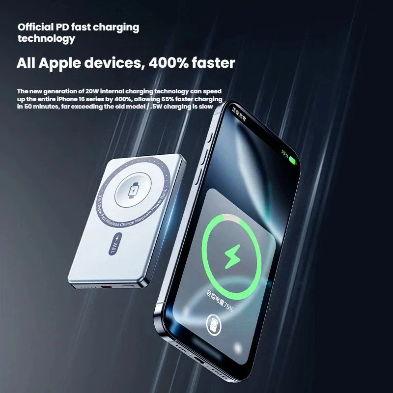 50000mAh Magnetic Power Bank PD20W Super Fast Charging Large Capacity Wireless External Battery for iPhone Huawei Watch