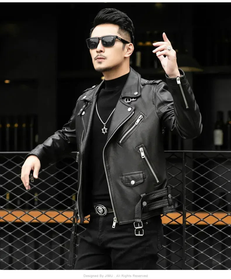 Brand Leather Jackets European Fashion Spring Autumn Short Cool Black Leather Biker Jacket Men Zipper Long Sleeve Belt Plus Size