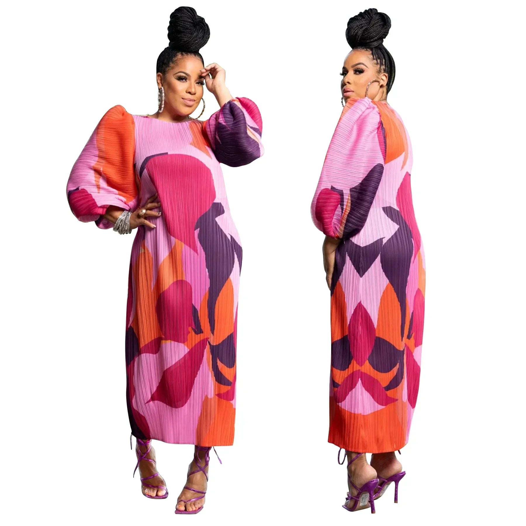 Elegant Women Pleated Half Lantern Sleeve O-neck Slim Maxi Long Dress Print Fashion Autumn 2025 Ruched Dresses Vestidos