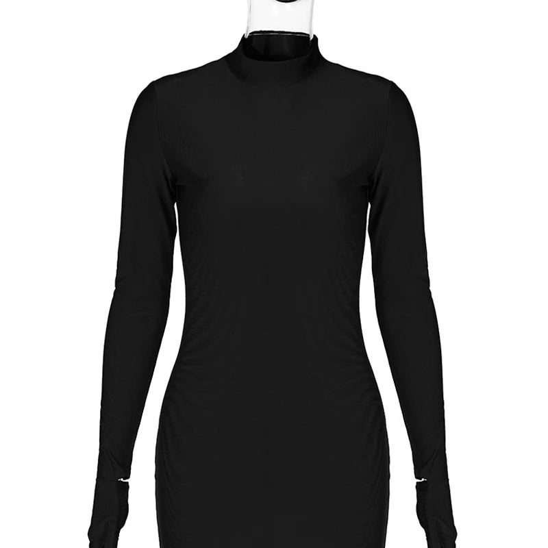Solid Long Sleeve Mini Dress with Gloves Sexy Streetwear Party Outfit Half Turtleneck Bodycon Y2K Style Wholesale