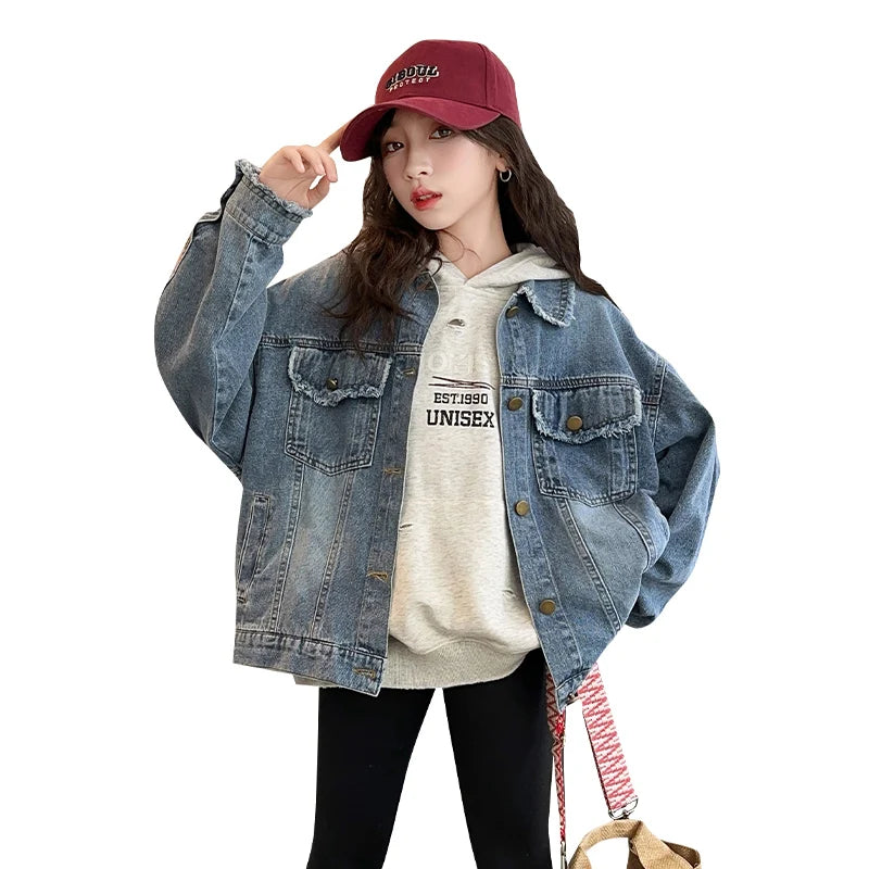 Girls Denim Jacket Spring Autumn 2026 New Style Casual Versatile Loose Button Down Jean Coat Fashion Children's Clothing