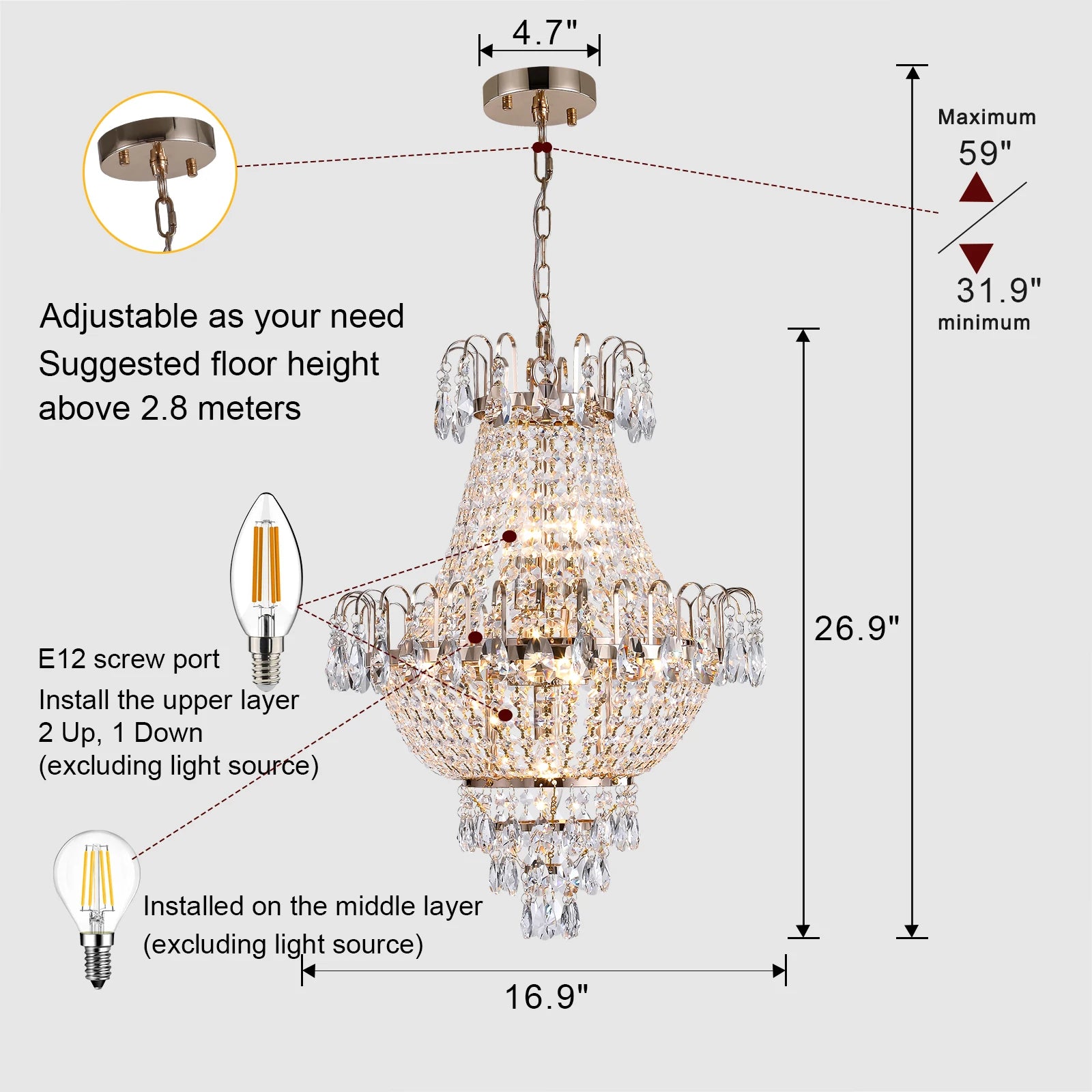 ARLGSITE Luxury Gold Crystal Chandelier Elegant Dazzling K9 Crystals Ceiling Light for Living Room Dining Room Hallway-Gold