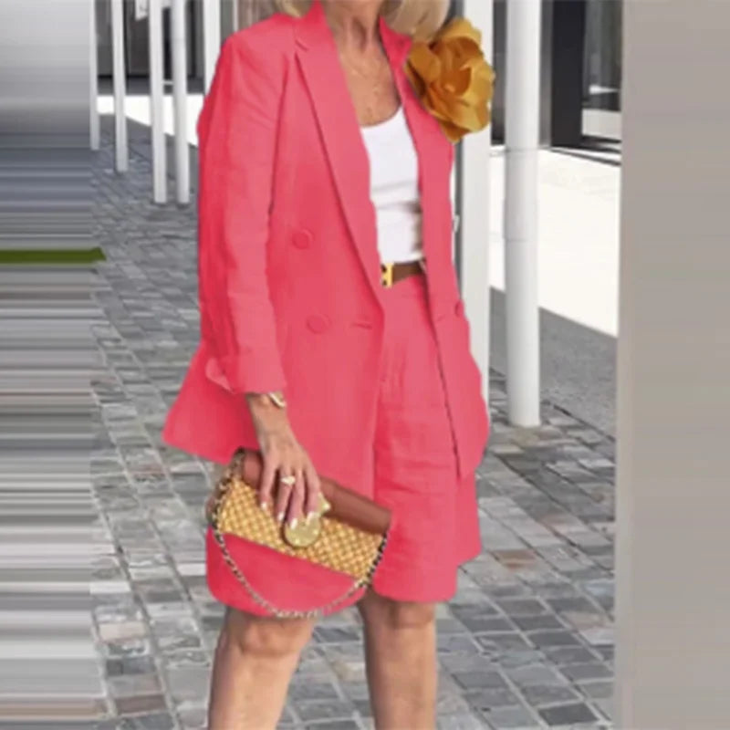 Summer New Solid Color Long Sleeve Shorts For Women's Suit Set Stylish Cardigan Female Office Suit 2 Piece Set