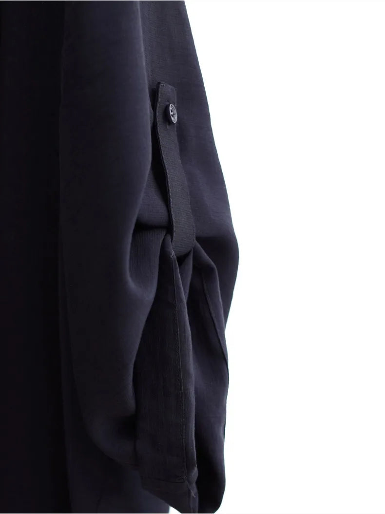 New Chinese-Style Dress~Draped Collar Navy Blue Pleated Dress, Summer Slimming and Elegant Long Dress for Women