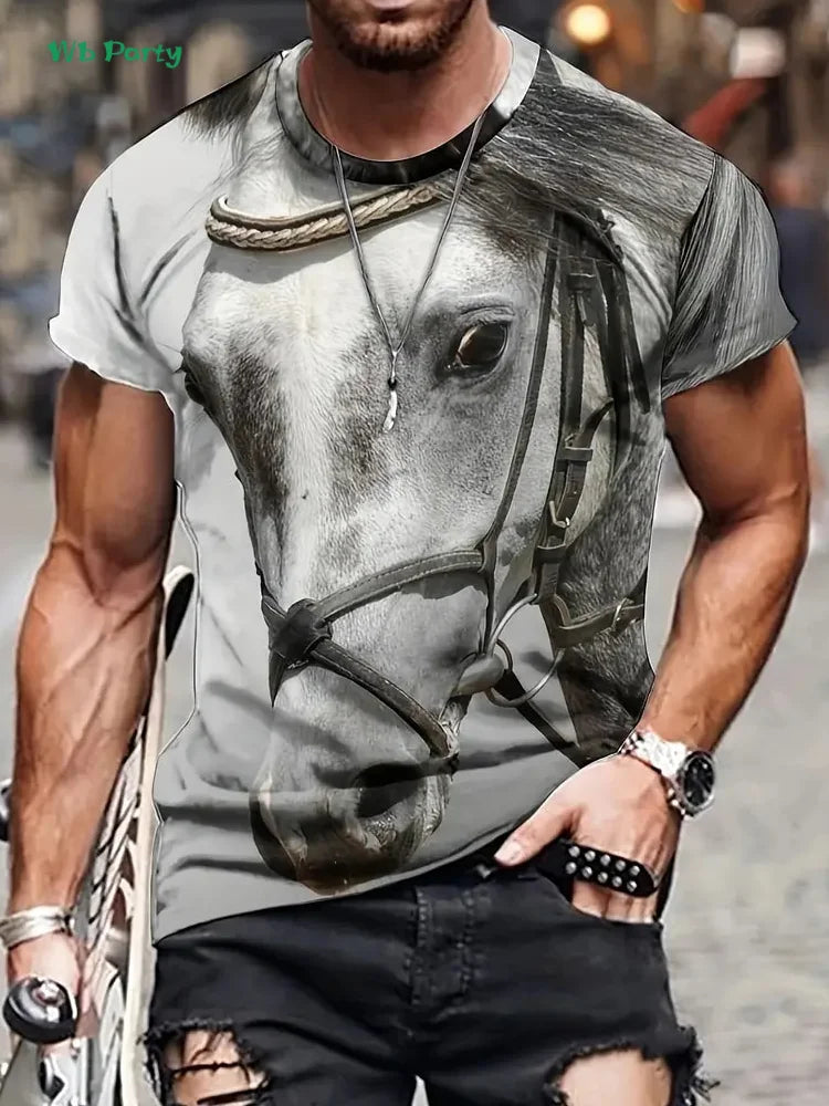 New Horse T-Shirts for Men Summer Outdoor Men Short Sleeve Animal Print Breathable Men's Clothing Fashion Round Neck Men's Tops