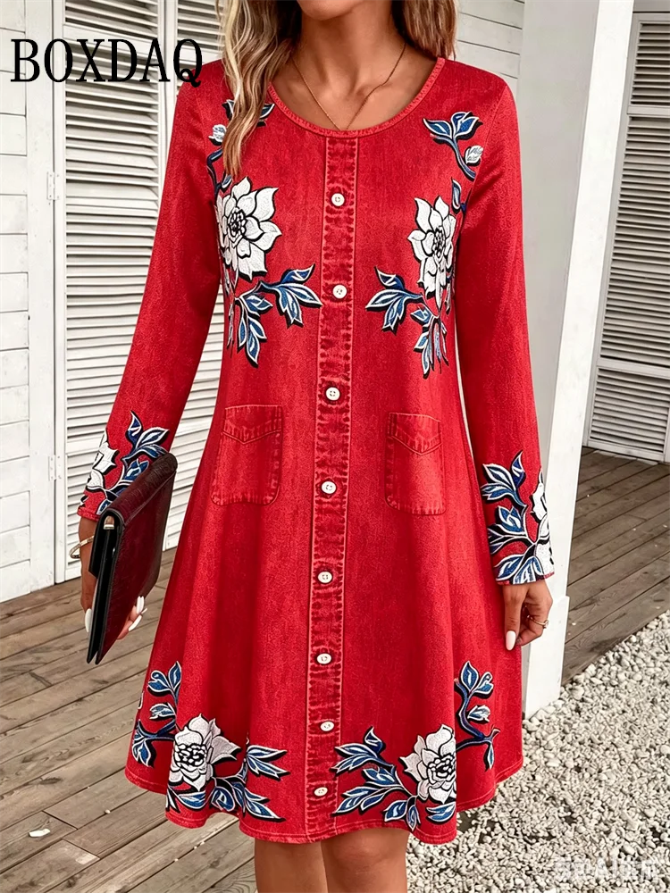 2026 Women's Casual Floral Imitation Denim 3D Print Dress Fashion Round Neck Autumn Loose A-Line Dress Long Sleeve Women's Dress