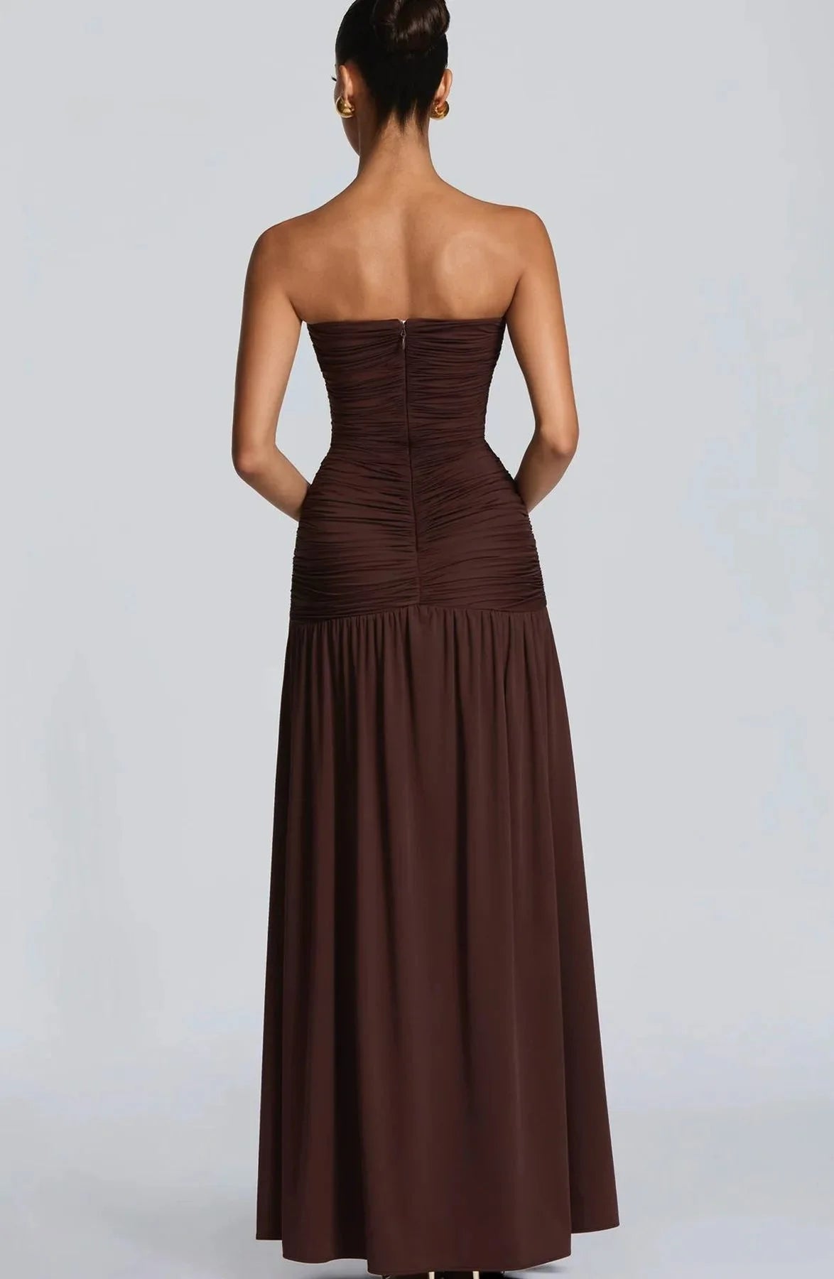 Women's Strapless Pleated High Slit Long Skirt Sexy Pure Color mid Waist Polyester Fiber V-neck Sleeveless Slim Fit Dress