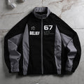 Men Black Gray Racing Windbreaker Number Letter Print Zip Up Loose Street Jacket