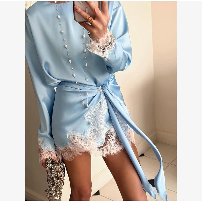 Satin Lace Patchwork Dress Women Long Sleeve O-neck Casual 2026 Spring Female Dresses Casual Solid Beach Robe Not Contain Pearls