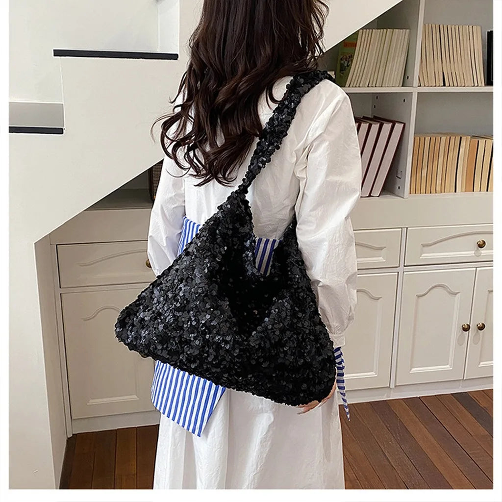 Women'S Sequined Tote Bag Medium-Soft Shoulder Tote Bag Large Capacity Tote Casual For Shopping Meeting Date