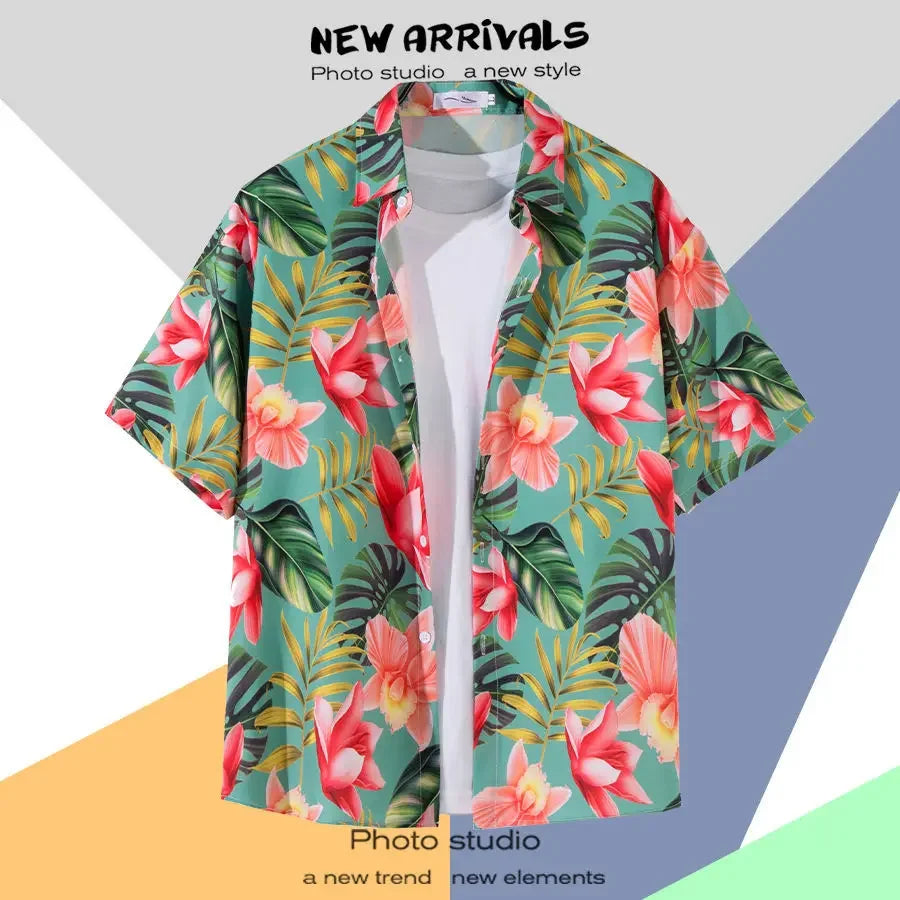 New Summer Casual Short Sleeved Shirt Korean Version Fashionable Men's and Women's Loose Collar Hawaiian Seaside Flower Shirt