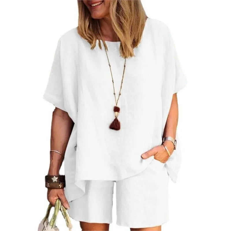 Ladies Shorts Suit Fashionable Summer Women's Elegant Solid Color Pullover Loose Cotton Linen Short Sleeved Shorts Two-piece Set