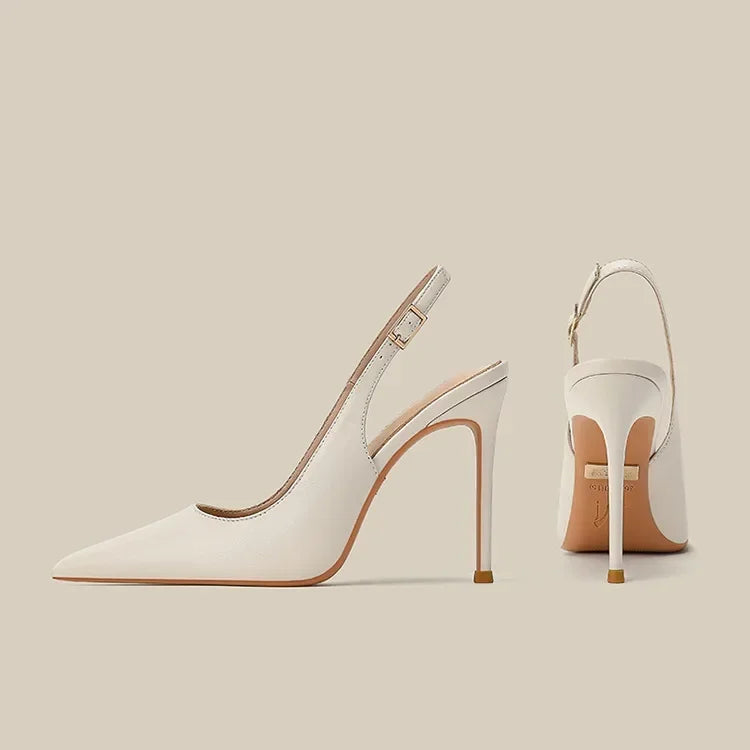 2026 New Slim Heel Flat Buckle Toe Back Empty Sandals with Pointed Soft Leather Toe Strap for Women's Commuting Single Shoes