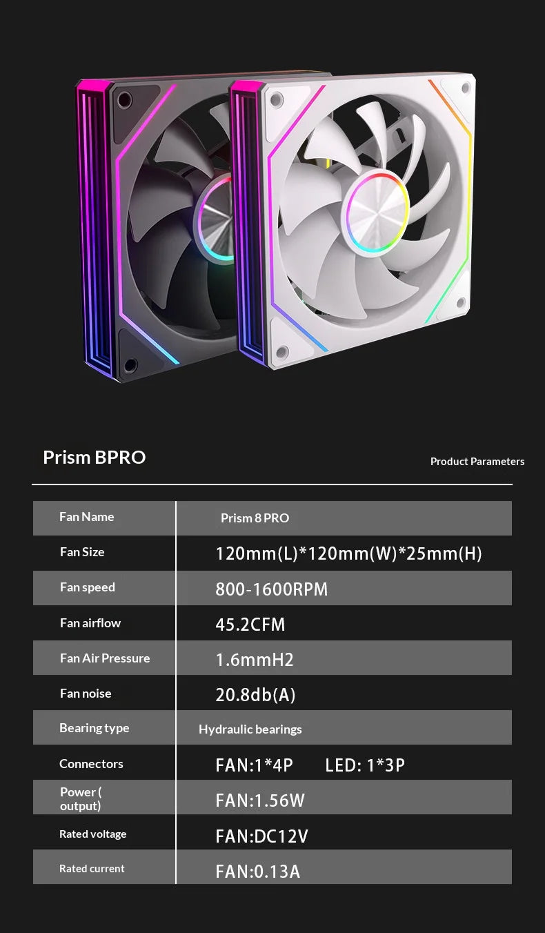 Veebyte PRISM 8 PRO PC Fan 120mm ARGB 4PIN 5V-3PIN PWM Quiet Cooling Fan 12V Large Air Volume Computer Fan 45.2CFM/800-1600RPM
