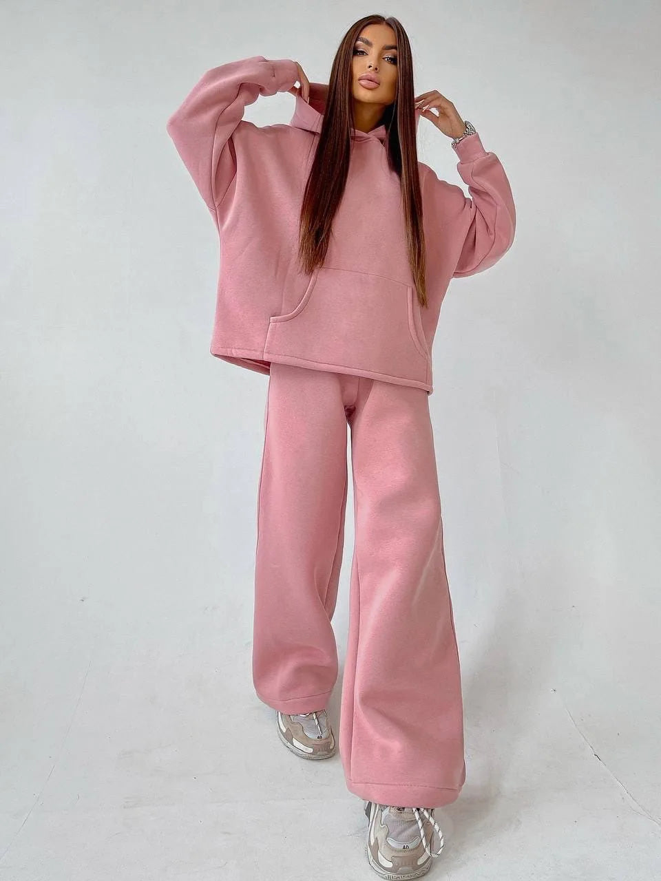 Woman's Solid Color Hooded Sweatshirt Pant Two-piece Set Fashion Long Sleeves Pocket Pullovers Pants Suits Ladies Loose Outfit