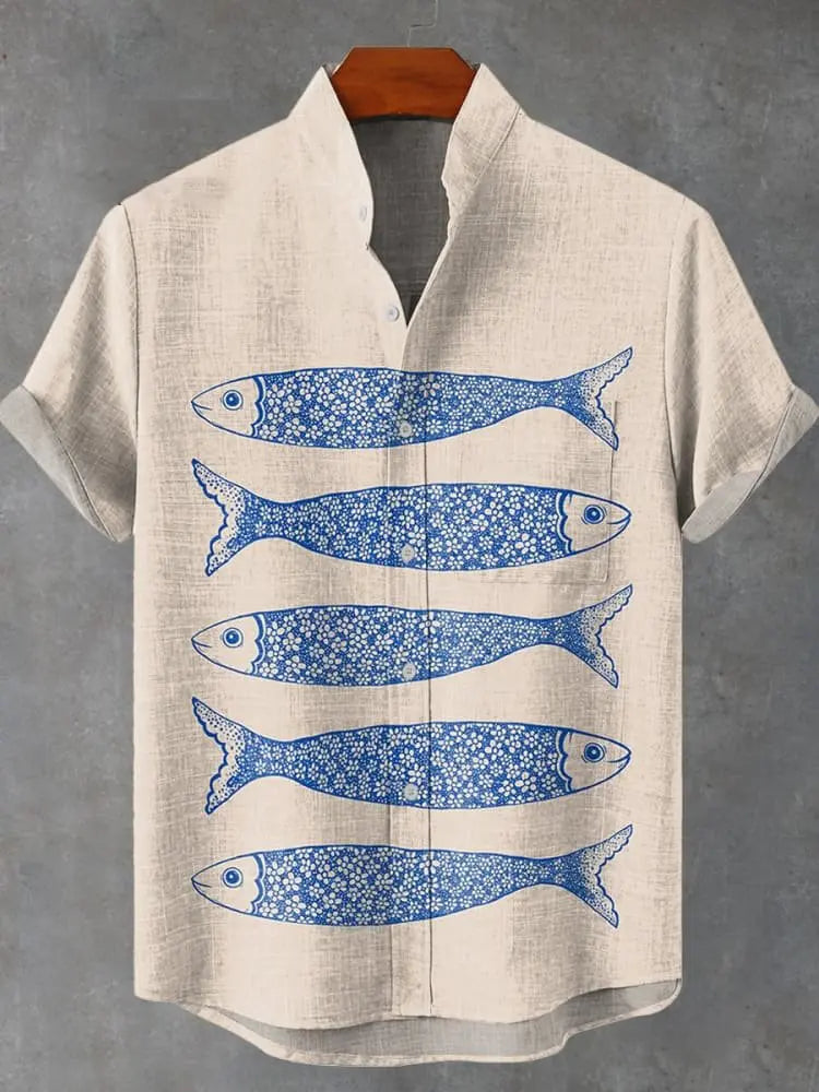 Men's Summer Casual Art Fish Pattern Printed Linen Short Sleeved Shirt, Comfortable And Fashionable Button Up Men's Top