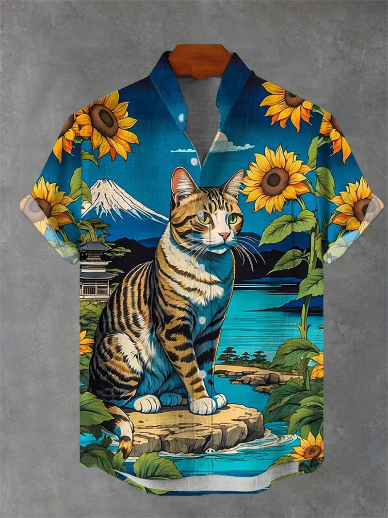 Hawaii 3D Printed men's Casual And Fashionable Short Sleeved Shirt With Collar And Button Up Top Made Of Linen