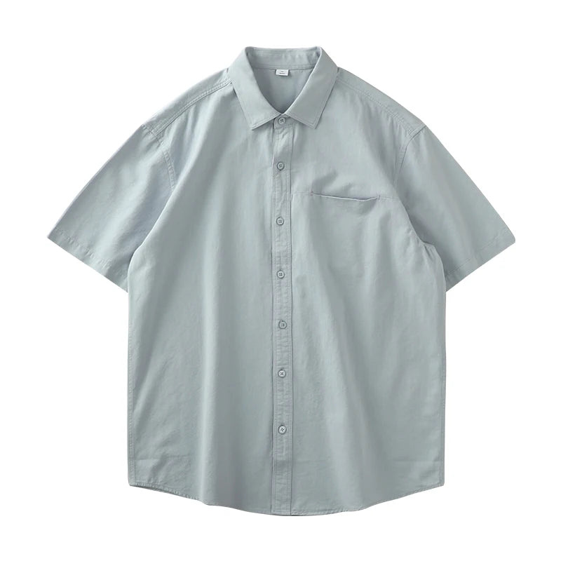 Dukeen Heavyweight Short-Sleeved Shirt Men's Summer Solid Color Lapel Pocket Casual Shirt Cotton White Shirts