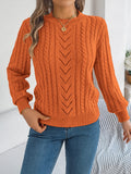 Women Solid Openwork Knit Pullover Round Neck Long Sleeve Cozy Fall Winter Resort Ready Sweater Top