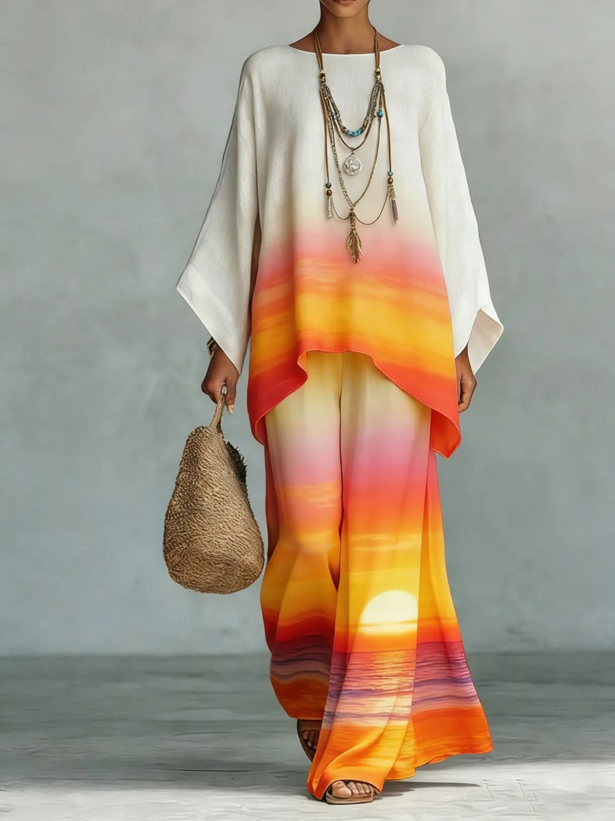 Bohemian Foreign Style Printed Women's Two-piece Set Spring Fashion O-neck Loose Top+wide Leg Pants Suit Ladies Office Outfit