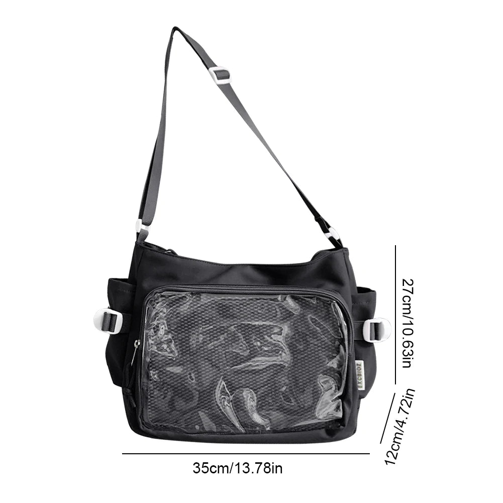 Women Ita Bag Japanese Style Shoulder Purse with Clear Window Cartoon Book Bag Multi-pockets Adjustable Strap Trendy Outdoor Bag