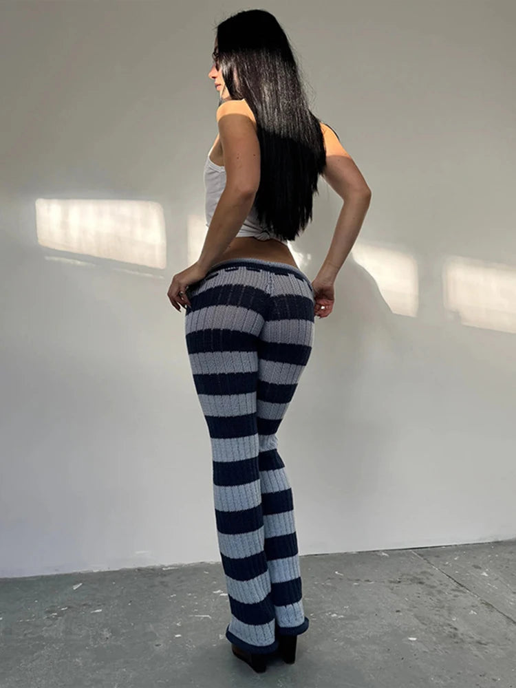 Kliou Stripe Patchwork Long Pants Woman Autumn Trend Crochet Shirring Elastic High Waist Skinny Peach Hip Street Style Bottoms