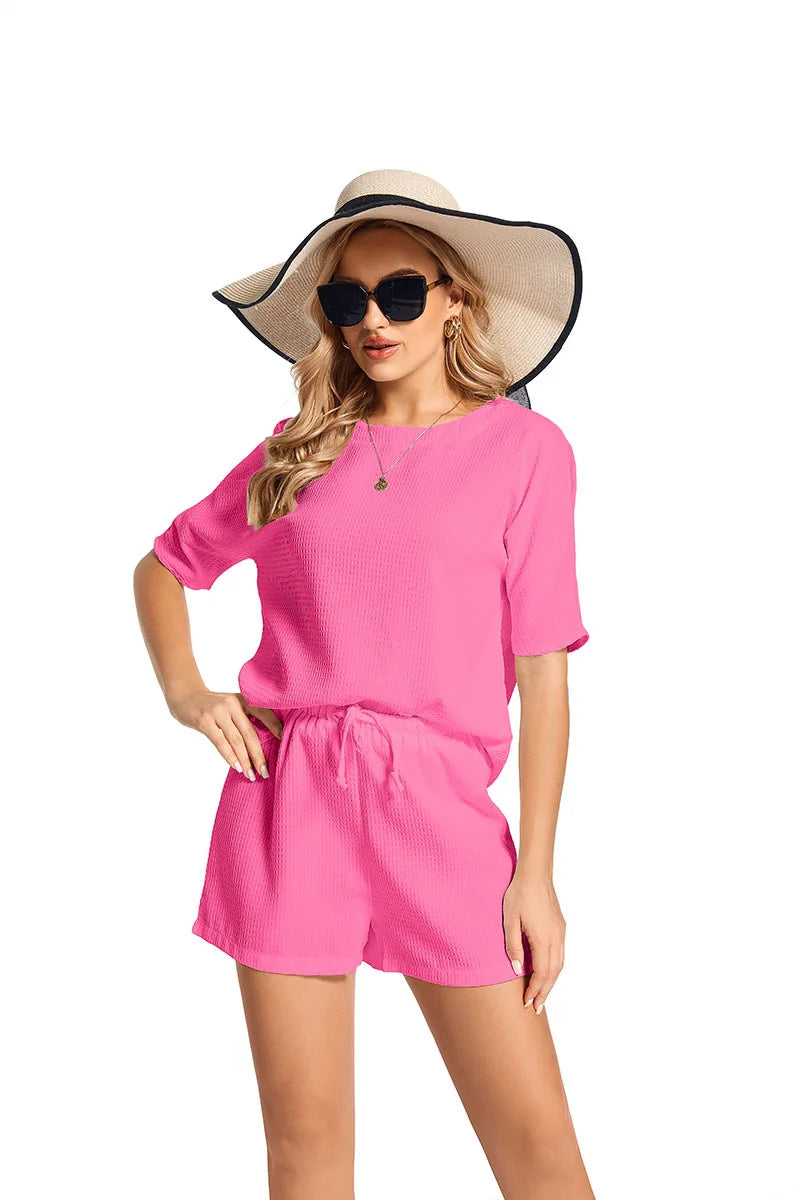 2024 New Two Piece Set For Women Short Sleeve Foreign Style Bat T Shirt Fashion Solid Color Shorts 2 Piece Sets Women Outfits