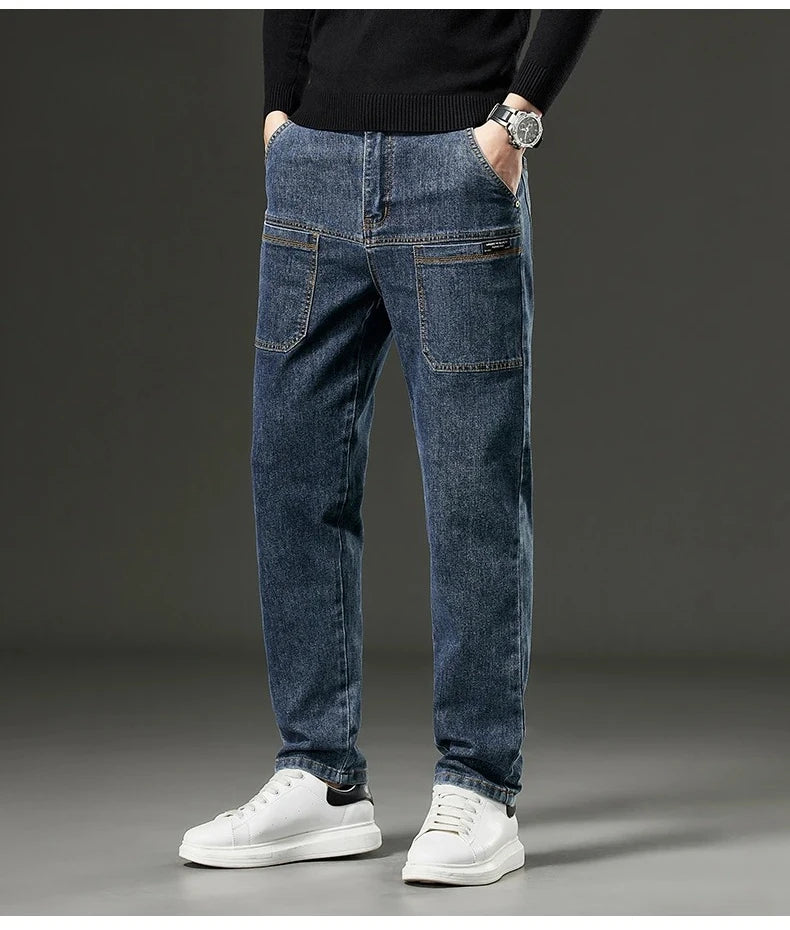 6 Pocket Design Denim Jeans Men's 2025 New High Elasticity Denim Casual Trousers Straight Male Pants Fashion Mid-waist Jeans