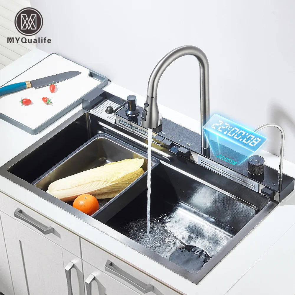 304 Stainless Steel Waterfall Kitchen Sink Large Single Slot Integrated Digital Display Faucet Set Soap Dispenser Cup Washer