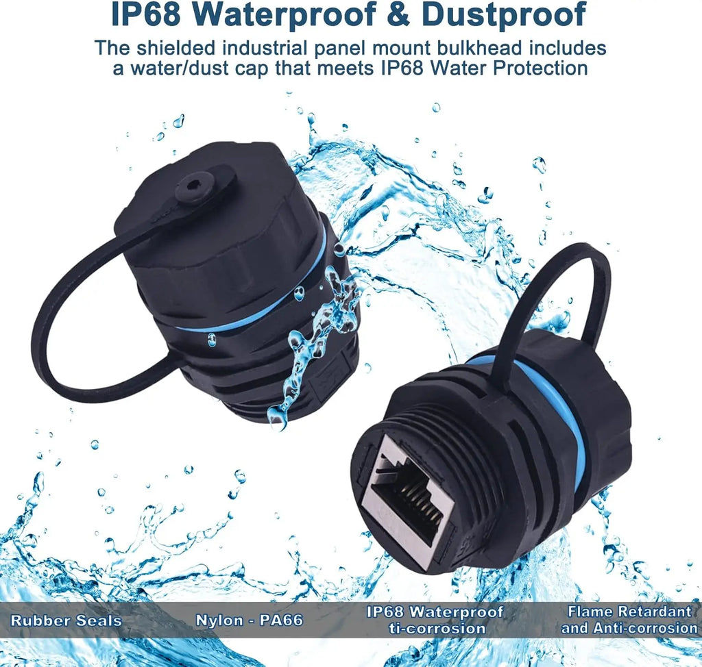 Panel Mounting Shielded CAT6 RJ45 Waterproof Connector Cat5e/6 8P8C Ethernet LAN Cable Coupler Adapter with Waterproof/Dust Cap