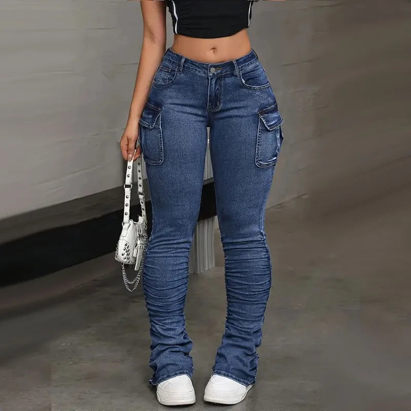 Women High Waist Elastic Jeans Ladies Sexy Hip Lifting Denim Pants Multi Pocket Summer Fashion Streetwear Female Slim Trousers