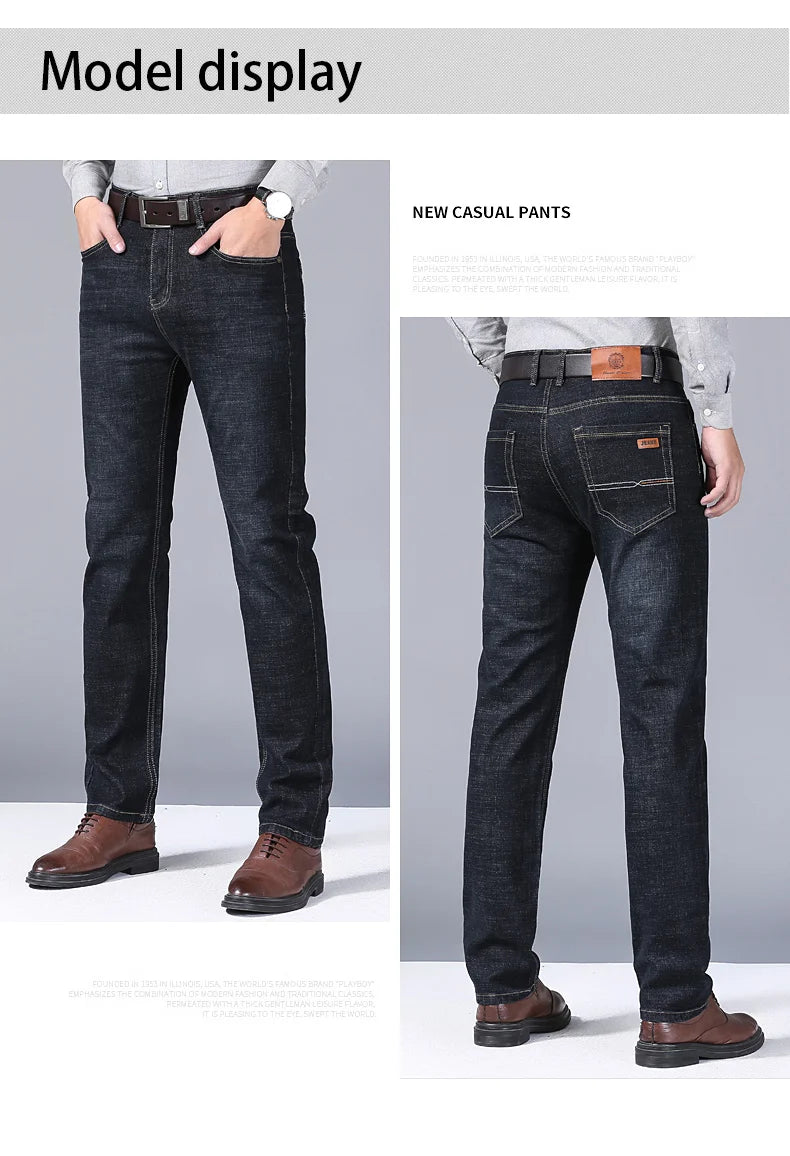 Men's Soft Straight Denim Pants 2025 Autumn Classic Business Black Biker Jeans Overalls Masculino Pantalone Hombre Mannen Homme