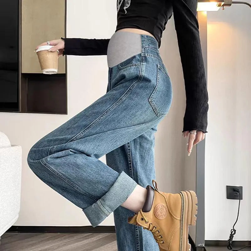 Maternity Pants Spring/Fall Denim Pants Plus Size Wide Leg Pants Outerwear Straight Leg Maternity Pants