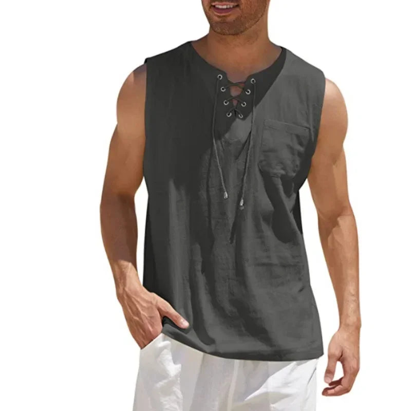 New 2026 Men's Casual Cotton Linen Tank Tops Men Drawstring V Neck Sleeveless Shirts Summer Casual Shirt Gym Fitness Vest Tops