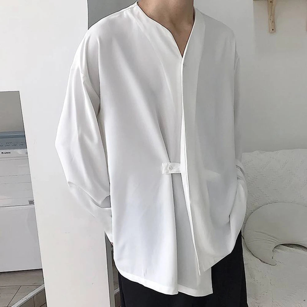 2023 Black Net Shirt for Men Short Bulk Shirts Men Male Casual Loose Lrregular Shirt Collarless Long Sleeve Shirt Korean Shirt