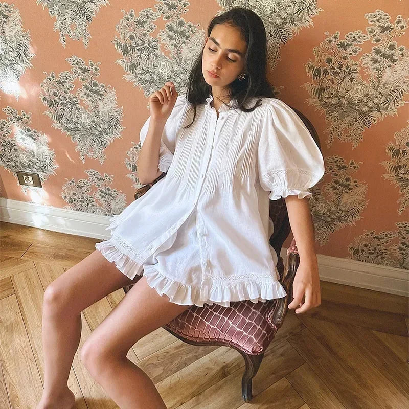 Casual Print Women Shorts Set Ruffles Puff Sleeve Button Top Empire Elastic Waist Pants 2026 Summer Autumn Beach Lady Outfit New