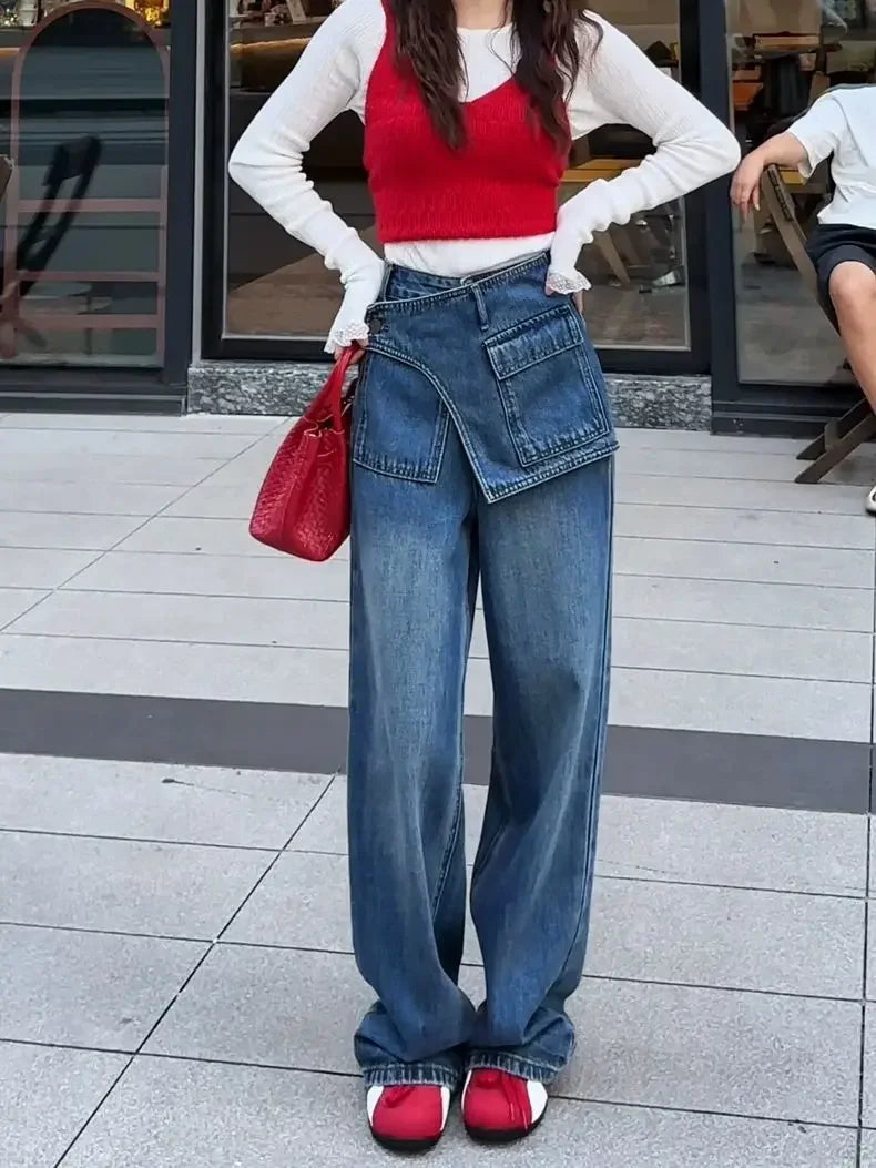 Fake Two-piece Retro High-waisted Wide-leg Jeans Women's Autumn New Loose and Thin Casual Straight-leg Floor Pants