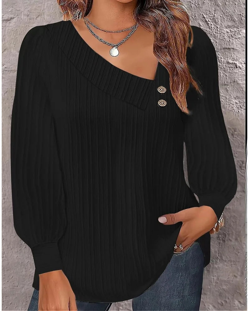 Women's Asymmetric V-Neck Ribbed Long Sleeve Blouse with Decorative Buttons, Casual Loose Fit Textured Top for Fall & Winter Dai