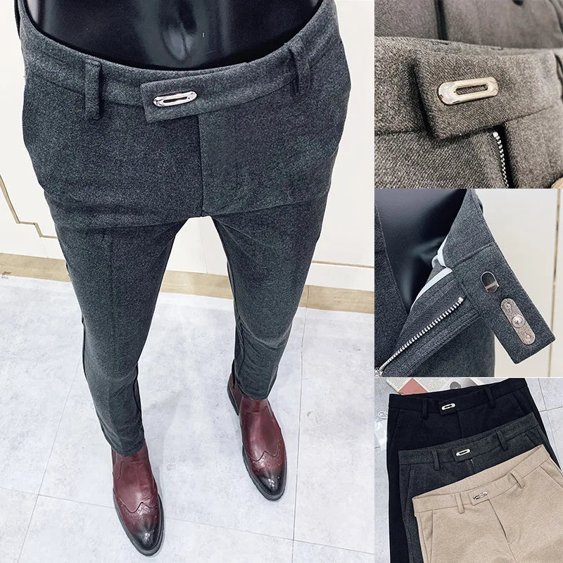 Autumn Winter Thickened Woolen Suit Pants Men Casual Slim Fit Straight Trousers Formal Business Woolen Social Office Warm Pants