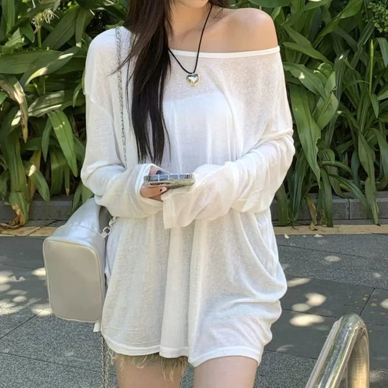 Sexy Sheer Baggy T-shirt for Women 2026 Summer Casual Fashion Loose Pullovers Chic Lazy Solid Color Off Shoulder Top Streetwear