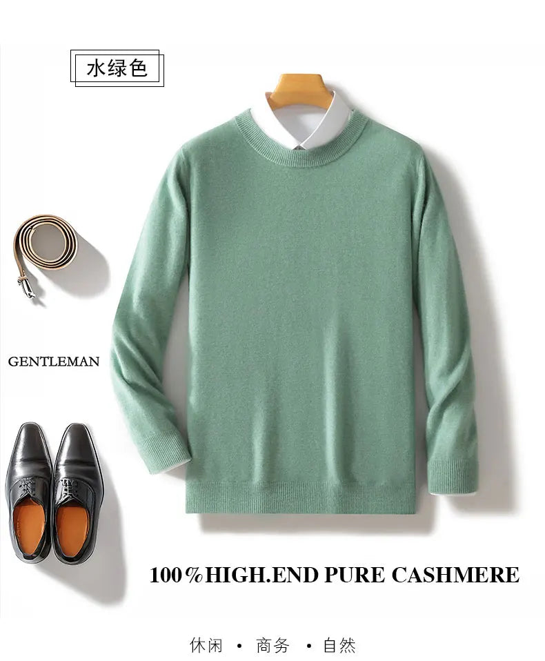 100% wool men's round neck solid color loose knit cashmere pullover for business and leisure, keeping warm in autumn and winter