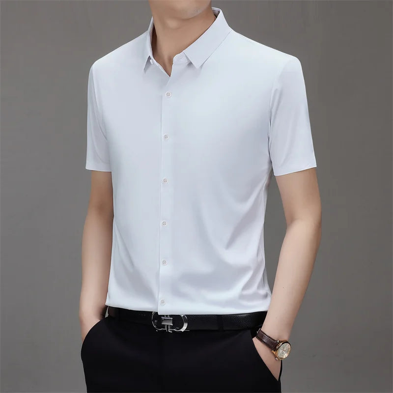 New Men's Business Casual Solid Color Short Sleeved Shirt for Summer Fashion No Ironing Comfortable and Versatile Top