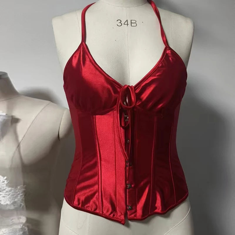 Summer Front Button Corset Crop Tops Women Solid Halter Neck Camisole Bodysuit Tops Underwear Sexy Nigh Out Backless Tie Up Vest