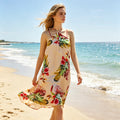 Women's Boho Halter Neck Dress, Tropical Banana Leaf & Peacock Print Backless Swing Dress, Summer Beach Casual Sundress