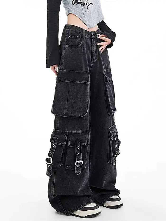 Black Gothic Punk Multi-Pocket Zipper Denim Jeans Men And Women Y2K American Baggy Fashion High Waist Loose Wide-Leg Jeans
