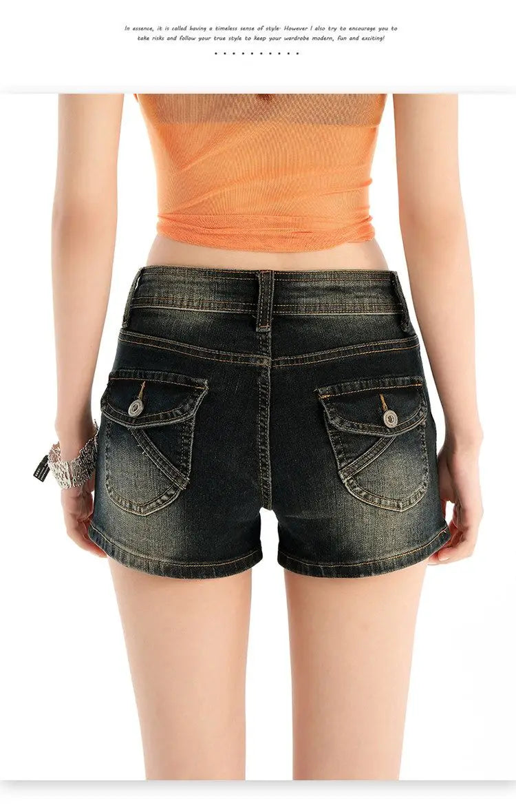 Retro Blue Grey Slimming Elastic American Style Hot Girl Summer New Mid Waist Jeans Shorts Women Casual Basic Style Denim