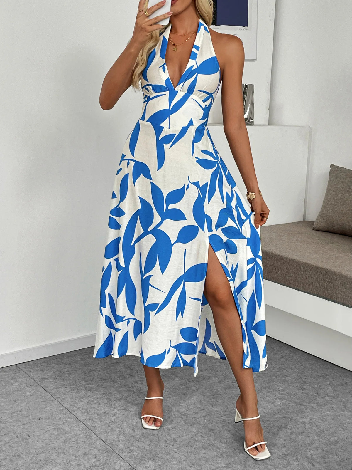 Vacation Women's Summer Floral Print Casual Long Dress Sexy Boho Sleeveless Halter Neck Beach Backless Party Maxi Dresses Ladies