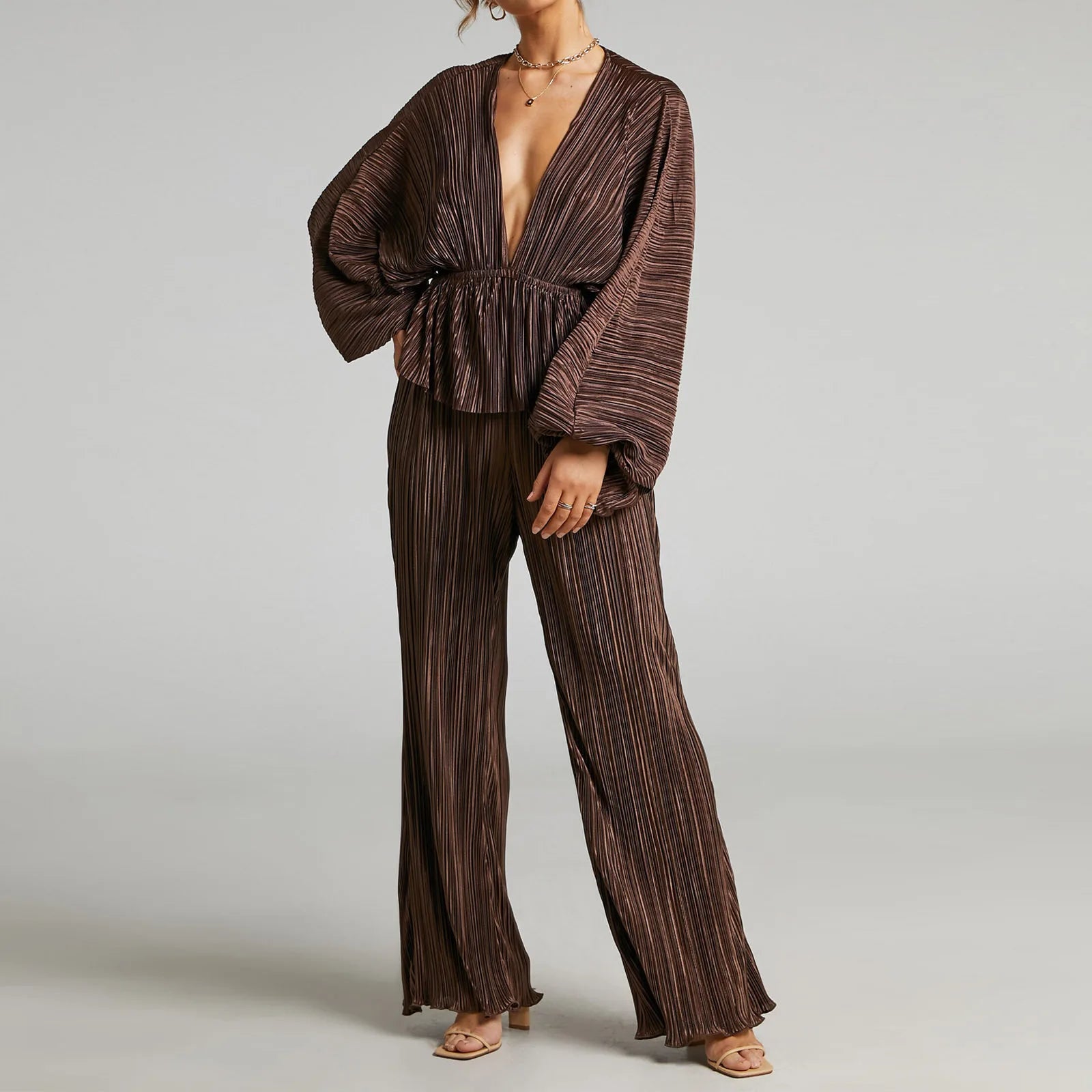 Women's Two Piece Set Deep V Neck Pleated Tops with Wide Leg Pants Stretchy Sexy Casual Outfit