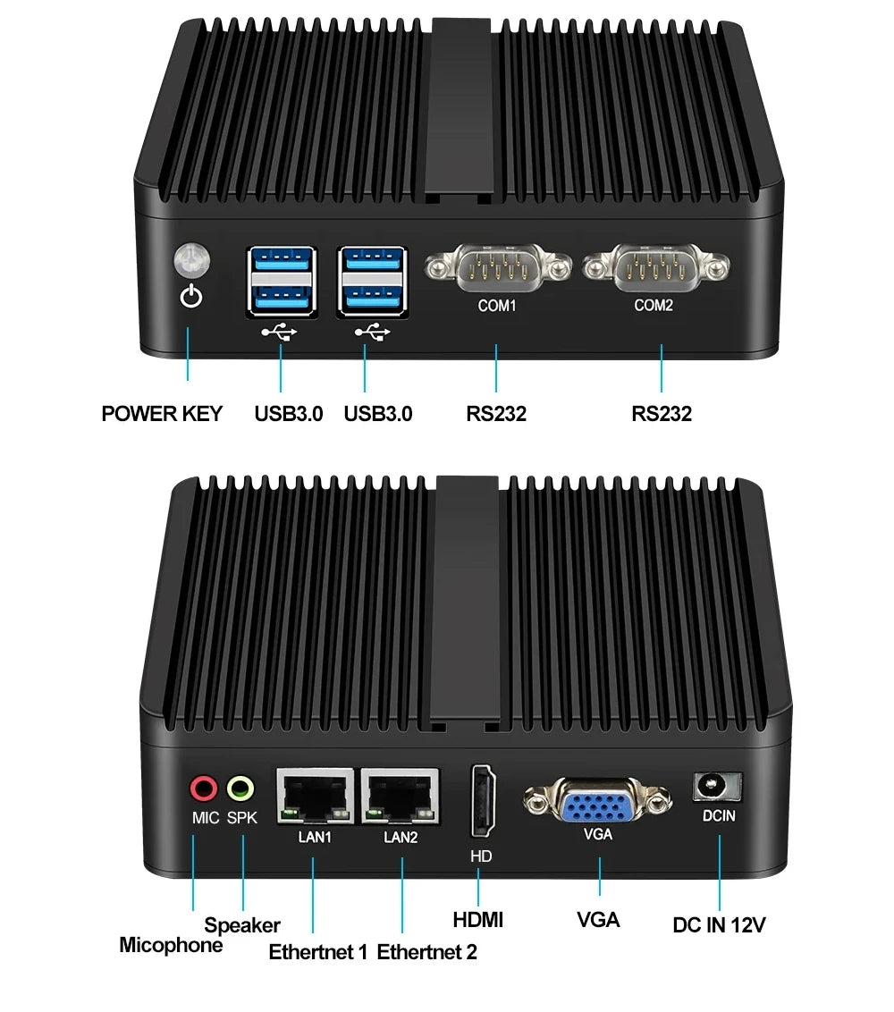 XCY Mini PC Intel Celeron J6412 Quad Cores 2x RS232/485 Dual Ethernet Mini PCIe HDMI VGA Fanless Industrial IPC Windows Linux